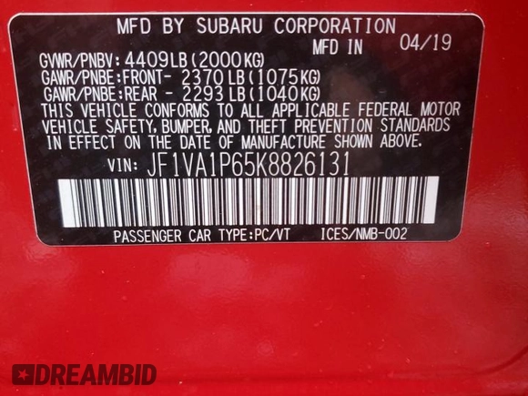 2019 Subaru WRX Limited with VIN JF1VA1P65K8826131, listed as a Copart auction lot 81286214 with 34,128 mi miles and Salvage Title. Bid and sale history available at carsss.com. Image 12.