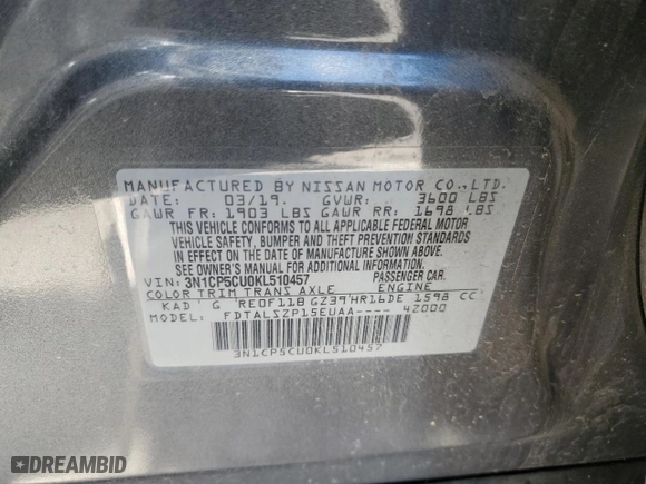 2019 Nissan Kicks SV with VIN 3N1CP5CU0KL510457, listed as a Copart auction lot 50760255 with 0 mi miles and Salvage Title. Bid and sale history available at carsss.com. Image 14.