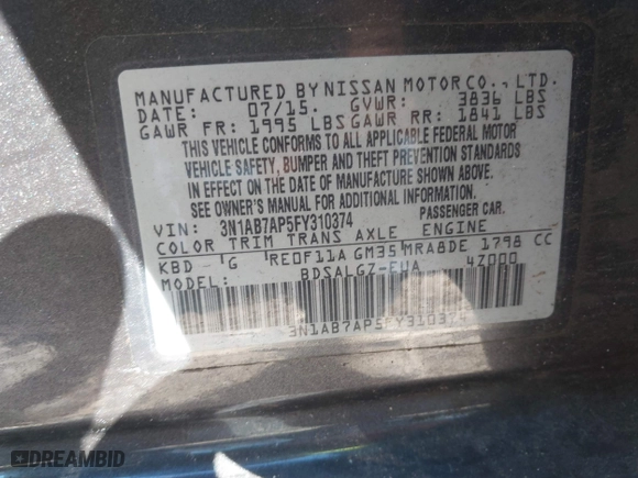 2015 Nissan Sentra S with VIN 3N1AB7AP5FY310374, listed as a IAAI auction lot 41653454 with 142,039 mi miles. Bid and sale history available at carsss.com. Image 9.