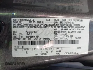 2012 Ford Focus SE with VIN 1FAHP3K28CL308346, listed as a IAAI auction lot 42034073 with 182,387 mi miles and . Bid and sale history available at carsss.com. Image 9.