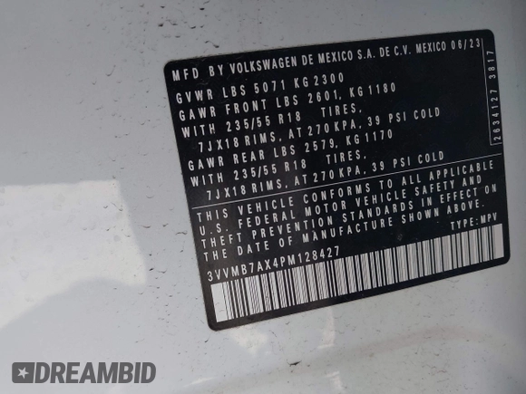 2023 Volkswagen Tiguan SE with VIN 3VVMB7AX4PM128427, listed as a IAAI auction lot 42054477 with 29,731 mi miles and . Bid and sale history available at DreamBid. Image 9.