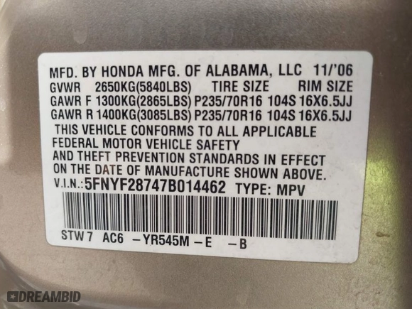 2007 Honda Pilot EX-L with VIN 5FNYF28747B014462, listed as a IAAI auction lot 41651807 with 263,344 mi miles. Bid and sale history available at carsss.com. Image 9.