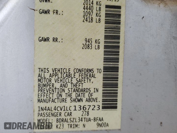 2020 Nissan Altima SR with VIN 1N4AL4CV1LC136723, listed as a Copart auction lot 43812105 with 66,108 mi miles and Salvage Title. Bid and sale history available at carsss.com. Image 14.