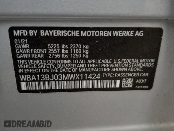 2021 BMW 5 Series 530i xDrive с VIN WBA13BJ03MWX11424, выставлен на аукционе Copart как лот 57849405 с пробегом 28 729 миль миль и Списание • Salvage title. История ставок и продаж доступна на DreamBid. Изображение 12.