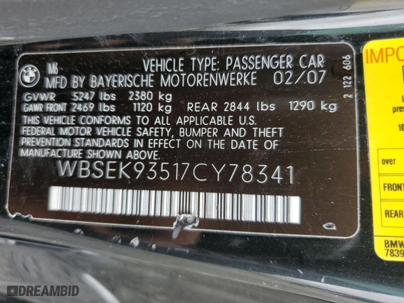 2007 BMW 6 Series M6 with VIN WBSEK93517CY78341, listed as a Copart auction lot 52765085 with 150,449 mi miles and Clean Title. Bid and sale history available at carsss.com. Image 12.