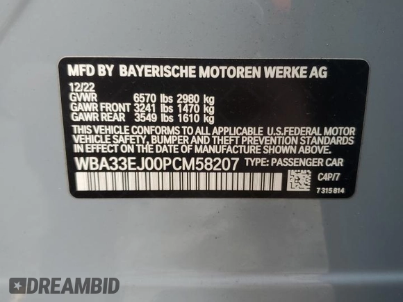 2023 BMW 7 Series 760i xDrive z VIN WBA33EJ00PCM58207, wystawiony jako Copart lot #41809425 z przebiegiem 10 658 mil mil oraz Szkoda całkowita • Salvage title. Historia ofert i sprzedaży dostępna na DreamBid. Obrazek 12.