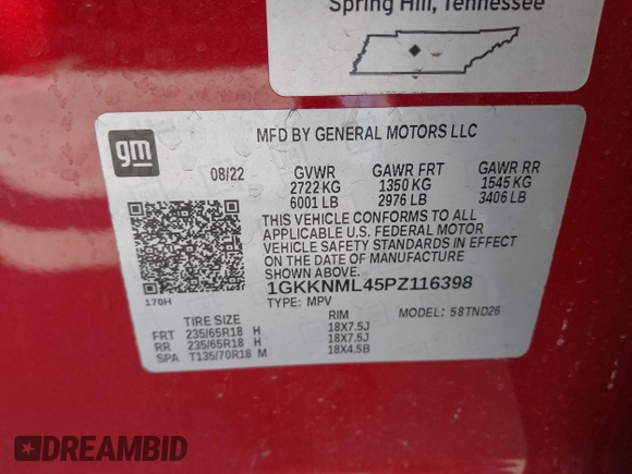 2023 GMC Acadia SLT with VIN 1GKKNML45PZ116398, listed as a IAAI auction lot 41317350 with 45,628 mi miles and . Bid and sale history available at DreamBid. Image 9.