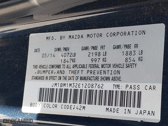 2014 Mazda Mazda3 s Grand Touring with VIN JM1BM1M32E1208762, listed as a IAAI auction lot 41814130 with 117,620 mi miles. Bid and sale history available at carsss.com. Image 9.