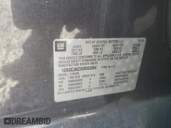 2016 Chevrolet Suburban LTZ with VIN 1GNSCJKC5GR363954, listed as a Copart auction lot 50562365 with 189,077 mi miles and Salvage title. Bid and sale history available at DreamBid. Image 13.