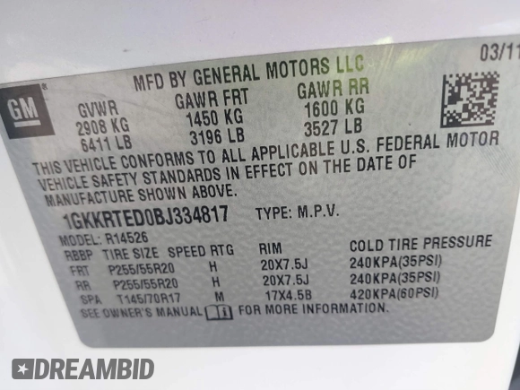 2011 GMC Acadia Denali z VIN 1GKKRTED0BJ334817, wystawiony jako IAAI lot #40957886 z przebiegiem 186 093 mil mil oraz . Historia ofert i sprzedaży dostępna na DreamBid. Obrazek 9.
