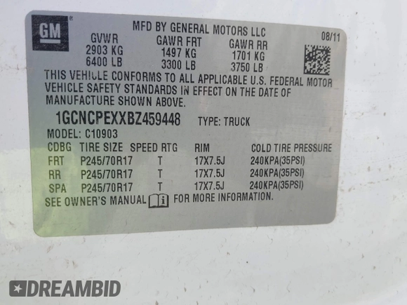 2011 Chevrolet Silverado 1500 Work Truck with VIN 1GCNCPEXXBZ459448, listed as a IAAI auction lot 42159428 with 275,163 mi miles and . Bid and sale history available at DreamBid. Image 9.