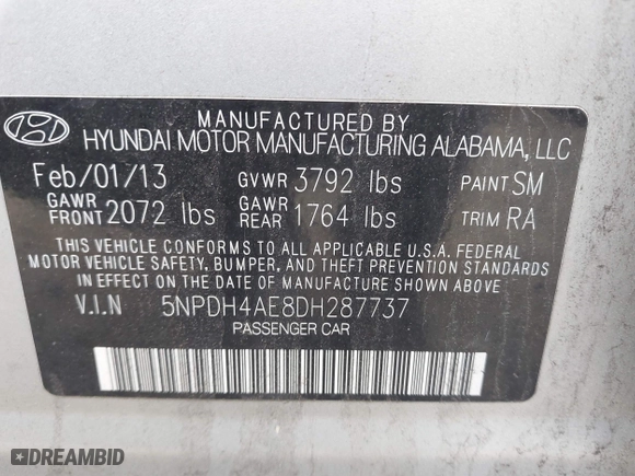 2013 Hyundai Elantra GLS with VIN 5NPDH4AE8DH287737, listed as a IAAI auction lot 41971804 with 217,565 mi miles. Bid and sale history available at carsss.com. Image 9.