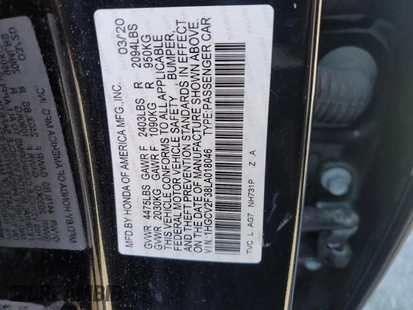 2020 Honda Accord Sport with VIN 1HGCV2F38LA018046, listed as a Copart auction lot 52572875 with 97,934 mi miles and Salvage title. Bid and sale history available at DreamBid. Image 12.