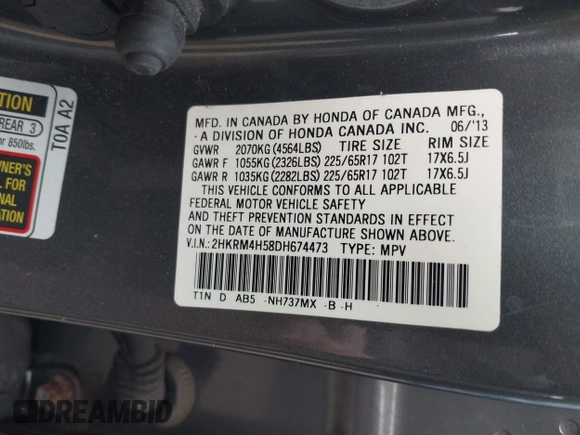 2013 Honda CR-V EX with VIN 2HKRM4H58DH674473, listed as a IAAI auction lot 41663268 with 53,997 mi miles and . Bid and sale history available at carsss.com. Image 9.