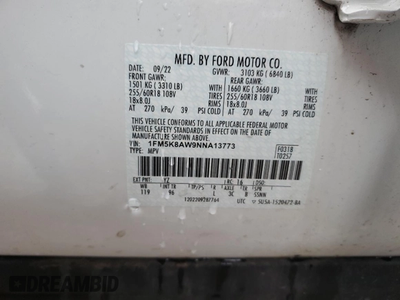 2022 Ford Police Interceptor Utility z VIN 1FM5K8AW9NNA13773, wystawiony jako Copart lot #55227165 z przebiegiem 47 645 mil mil oraz Szkoda całkowita • Salvage title. Historia ofert i sprzedaży dostępna na DreamBid. Obrazek 13.