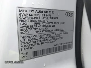 2023 Audi Q8 Premium with VIN WA1AVBF14PD015616, listed as a IAAI auction lot 41213960 with 26,102 mi miles and . Bid and sale history available at DreamBid. Image 9.