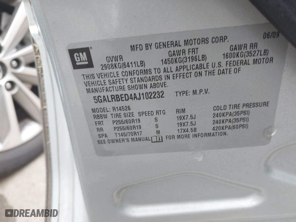 2010 Buick Enclave CXL w/1XL with VIN 5GALRBED4AJ102232, listed as a IAAI auction lot 41956185 with 181,863 mi miles. Bid and sale history available at carsss.com. Image 9.