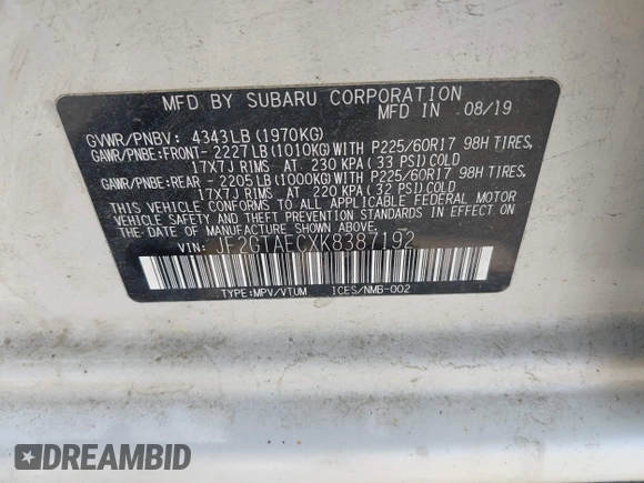 2019 Subaru Crosstrek Premium с VIN JF2GTAECXK8387192, выставлен на аукционе IAAI как лот 42285611 с пробегом 75 612 миль миль и . История ставок и продаж доступна на DreamBid. Изображение 9.