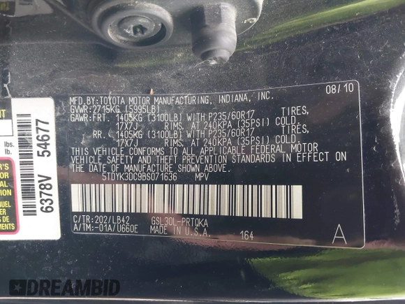 2011 Toyota Sienna XLE AAS with VIN 5TDYK3DC9BS071636, listed as a IAAI auction lot 41972332 with 204,477 mi miles and . Bid and sale history available at DreamBid. Image 9.