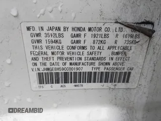 2012 Honda Fit Sport with VIN JHMGE8H59CC001907, listed as a IAAI auction lot 41532788 with 75,917 mi miles. Bid and sale history available at carsss.com. Image 9.