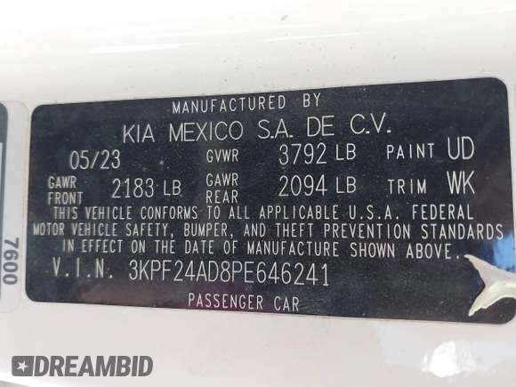 2023 Kia Forte LXS with VIN 3KPF24AD8PE646241, listed as a IAAI auction lot 41720577 with 27,413 mi miles. Bid and sale history available at carsss.com. Image 9.