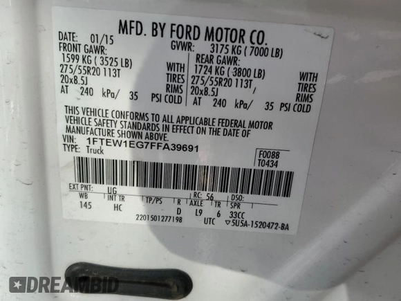 2015 Ford F-150 XLT with VIN 1FTEW1EG7FFA39691, listed as a Copart auction lot 65788854 with 173,025 mi miles and Salvage Title. Bid and sale history available at carsss.com. Image 12.