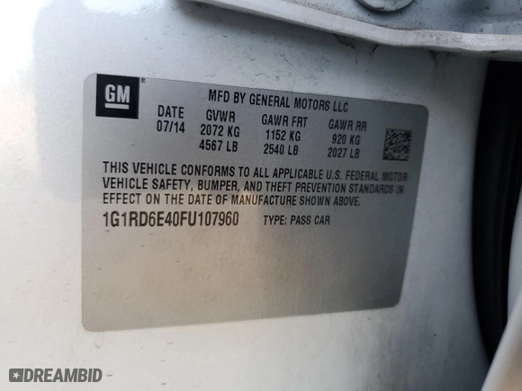 2015 Chevrolet Volt with VIN 1G1RD6E40FU107960, listed as a Copart auction lot 85504144 with 102,770 mi miles and Salvage Title. Bid and sale history available at carsss.com. Image 14.