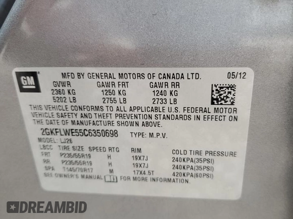 2012 GMC Terrain SLT-2 with VIN 2GKFLWE55C6350698, listed as a Copart auction lot 71160403 with 82,638 mi miles and Salvage title. Bid and sale history available at DreamBid. Image 13.