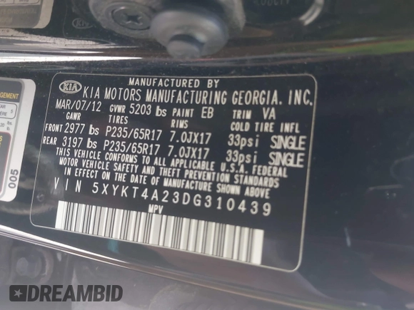 2013 Kia Sorento LX with VIN 5XYKT4A23DG310439, listed as a IAAI auction lot 42546201 with 234,287 mi miles and . Bid and sale history available at DreamBid. Image 9.