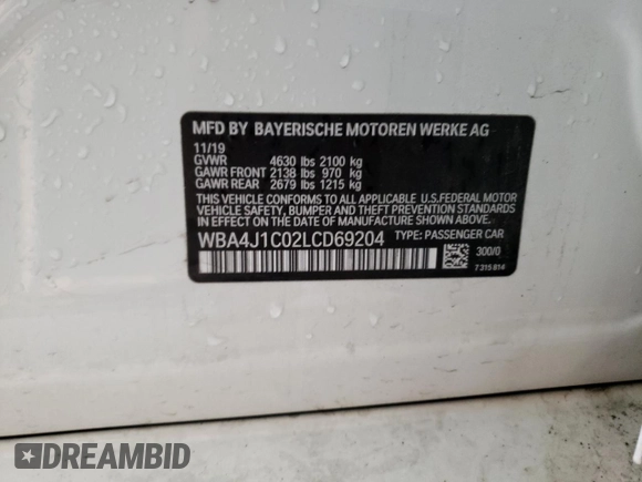 2020 BMW 4 Series 430i with VIN WBA4J1C02LCD69204, listed as a Copart auction lot 64400105 with 71,505 mi miles and Clean title. Bid and sale history available at DreamBid. Image 12.