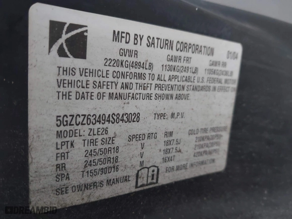 2004 Saturn VUE V6 with VIN 5GZCZ63494S843028, listed as a IAAI auction lot 41478825 with 237,742 mi miles. Bid and sale history available at carsss.com. Image 9.