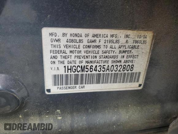 2005 Honda Accord LX with VIN 1HGCM56435A032808, listed as a Copart auction lot 49995895 with 227,349 mi miles and Salvage title. Bid and sale history available at DreamBid. Image 12.