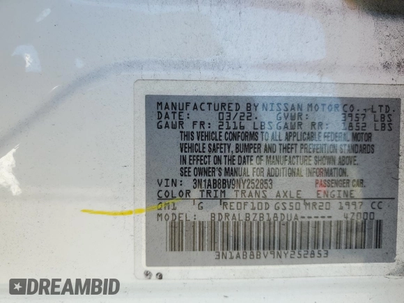 2022 Nissan Sentra S z VIN 3N1AB8BV9NY252853, wystawiony jako Copart lot #49887135 z przebiegiem 41 649 mil mil oraz Szkoda całkowita • Salvage title. Historia ofert i sprzedaży dostępna na DreamBid. Obrazek 13.