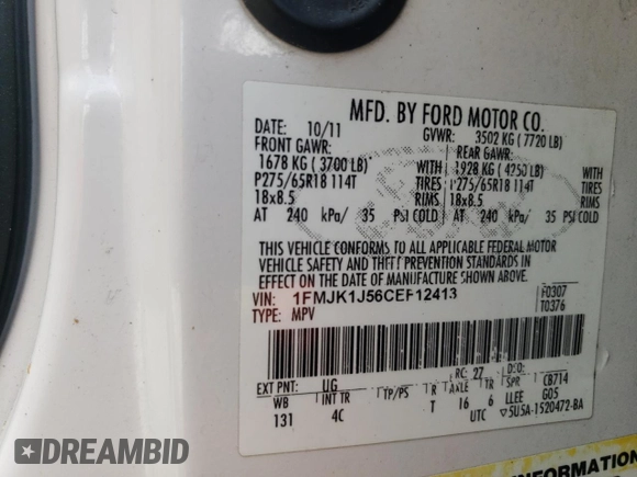 2012 Ford Expedition Max King Ranch with VIN 1FMJK1J56CEF12413, listed as a Copart auction lot 54669825 with 236,850 mi miles and Salvage title. Bid and sale history available at DreamBid. Image 13.