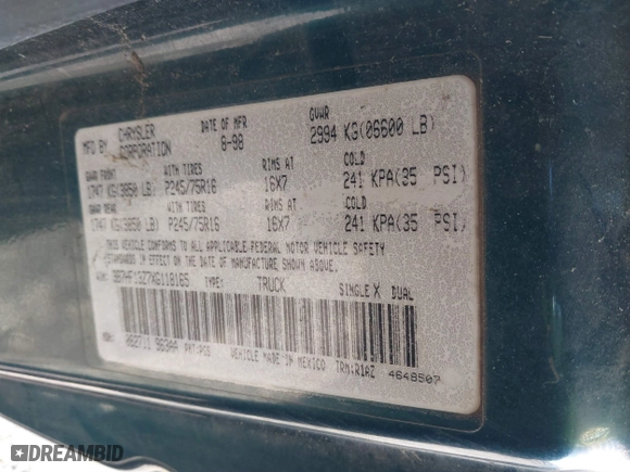1999 Dodge Ram 1500 with VIN 3B7HF13Z7XG118165, listed as a IAAI auction lot 41385547 with 1 mi miles. Bid and sale history available at carsss.com. Image 9.