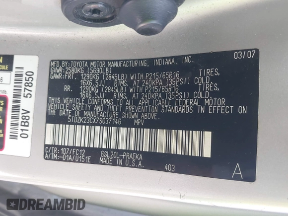2007 Toyota Sienna CE with VIN 5TDZK23CX7S037146, listed as a IAAI auction lot 41916791 with 220,366 mi miles. Bid and sale history available at carsss.com. Image 9.