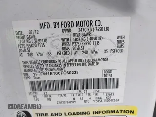 2012 Ford F-150 XL with VIN 1FTFW1ET0CFC60238, listed as a IAAI auction lot 41914729 with 220,764 mi miles. Bid and sale history available at carsss.com. Image 9.