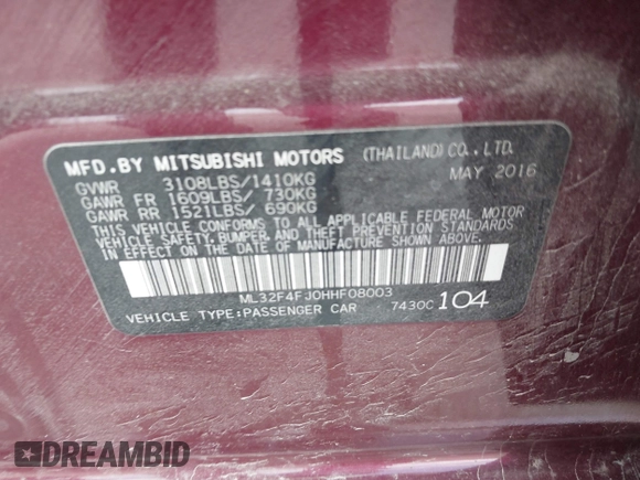 2017 Mitsubishi Mirage SE with VIN ML32F4FJ0HHF08003, listed as a IAAI auction lot 42462444 with 78,732 mi miles and . Bid and sale history available at DreamBid. Image 9.