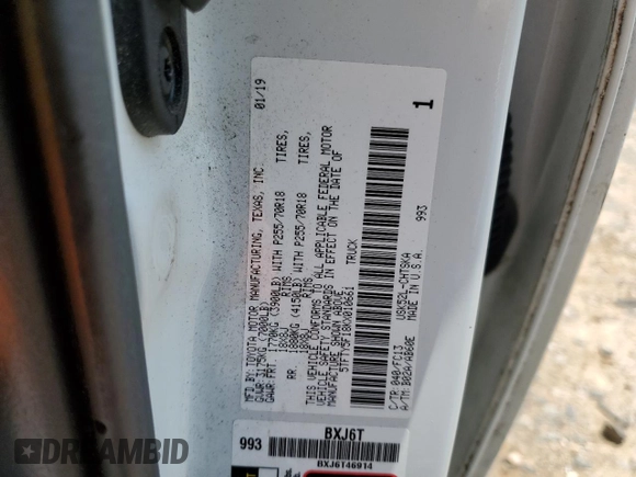 2019 Toyota Tundra SR with VIN 5TFTY5F18KX010661, listed as a Copart auction lot 62647095 with 181,713 mi miles and Salvage title. Bid and sale history available at DreamBid. Image 12.