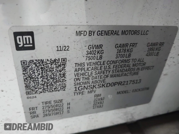 2023 Chevrolet Tahoe Premier with VIN 1GNSKSKD0PR217513, listed as a IAAI auction lot 41779222 with 55,424 mi miles and . Bid and sale history available at DreamBid. Image 9.