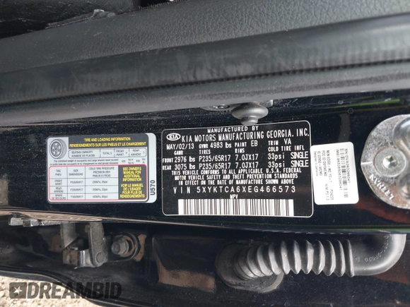 2014 Kia Sorento LX with VIN 5XYKTCA6XEG466573, listed as a IAAI auction lot 42092207 with 157,925 mi miles and . Bid and sale history available at carsss.com. Image 9.