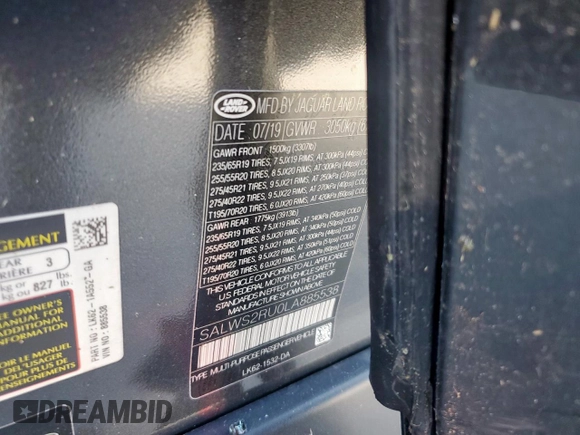 2020 Land Rover Range Rover Sport HST with VIN SALWS2RU0LA885538, listed as a Copart auction lot 48674555 with Not provided miles and Salvage title. Bid and sale history available at DreamBid. Image 15.