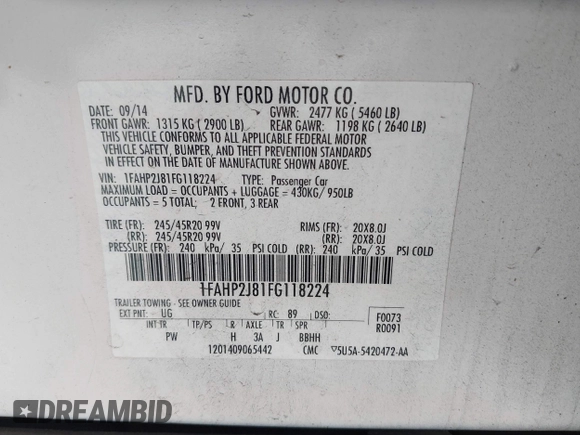 2015 Ford Taurus Limited with VIN 1FAHP2J81FG118224, listed as a IAAI auction lot 42402947 with 142,885 mi miles and . Bid and sale history available at DreamBid. Image 9.