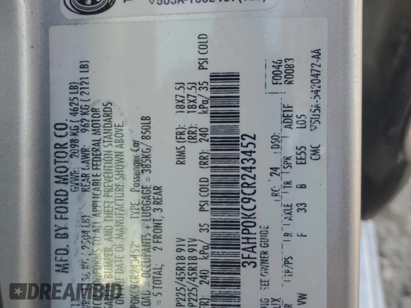 2012 Ford Fusion SPORT with VIN 3FAHP0KC9CR243452, listed as a Copart auction lot 48718135 with 0 mi miles and Salvage Title. Bid and sale history available at carsss.com. Image 12.