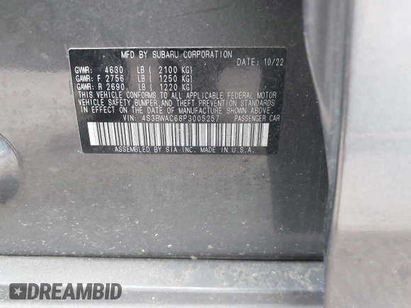 2023 Subaru Legacy Premium с VIN 4S3BWAC68P3005257, выставлен на аукционе IAAI как лот 41937108 с пробегом 88 936 миль миль и . История ставок и продаж доступна на DreamBid. Изображение 9.