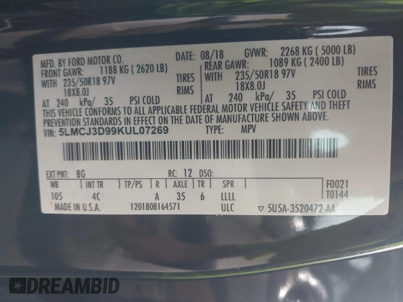 2019 Lincoln MKC Reserve with VIN 5LMCJ3D99KUL07269, listed as a IAAI auction lot 42498672 with 39,315 mi miles and . Bid and sale history available at DreamBid. Image 9.