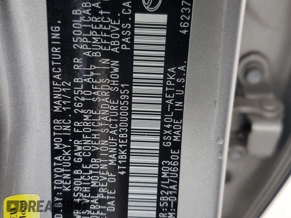 2013 Toyota Avalon XLE z VIN 4T1BK1EB3DU005951, wystawiony jako Copart lot #42723955 z przebiegiem 114 349 mil mil oraz Szkoda całkowita • Salvage title. Historia ofert i sprzedaży dostępna na DreamBid. Obrazek 12.