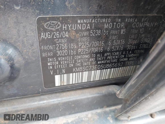 2005 Hyundai Santa Fe GLS with VIN KM8SC73E05U865692, listed as a IAAI auction lot 41914424 with 277,541 mi miles. Bid and sale history available at carsss.com. Image 9.
