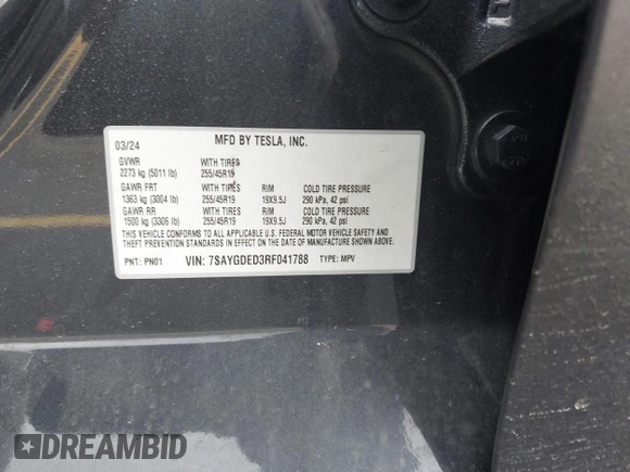 2024 Tesla Model Y z VIN 7SAYGDED3RF041788, wystawiony jako IAAI lot #42644453 z przebiegiem 22 189 mil mil oraz . Historia ofert i sprzedaży dostępna na DreamBid. Obrazek 9.