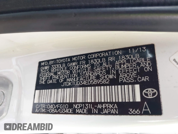2014 Toyota Yaris L with VIN JTDKTUD34ED589582, listed as a IAAI auction lot 41538884 with 87,798 mi miles. Bid and sale history available at carsss.com. Image 9.
